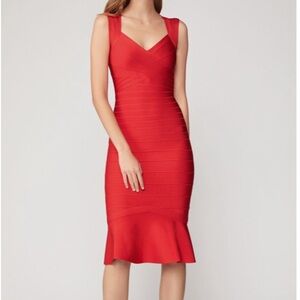 Herve Leger Sweetheart Flare Dress, Coral Poppy. Sz XL = 12
